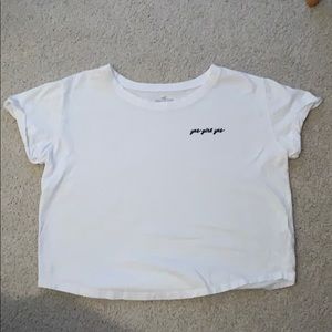 White cotton top with cursive scripting